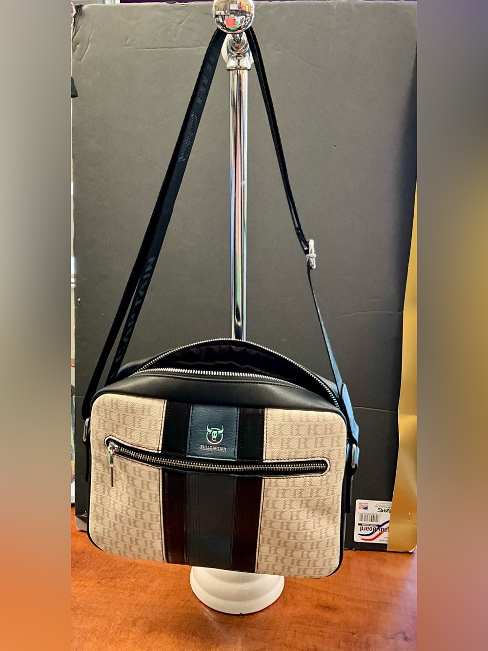 Beige & Black Canvas Messenger Bag with Front Zip Pocket